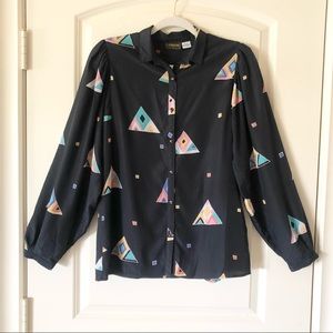 Vintage geometric shapes button up long sleeve blouse